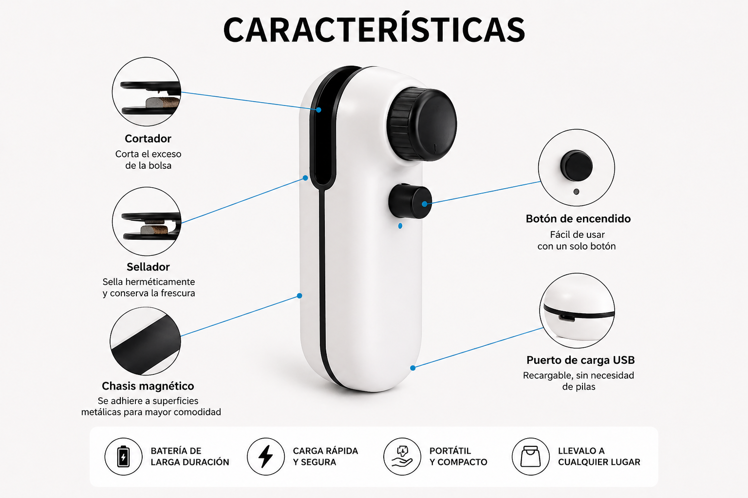Mini Sellador de Bolsas 2 en 1 | Sella y Corta Fácil | Recargable USB