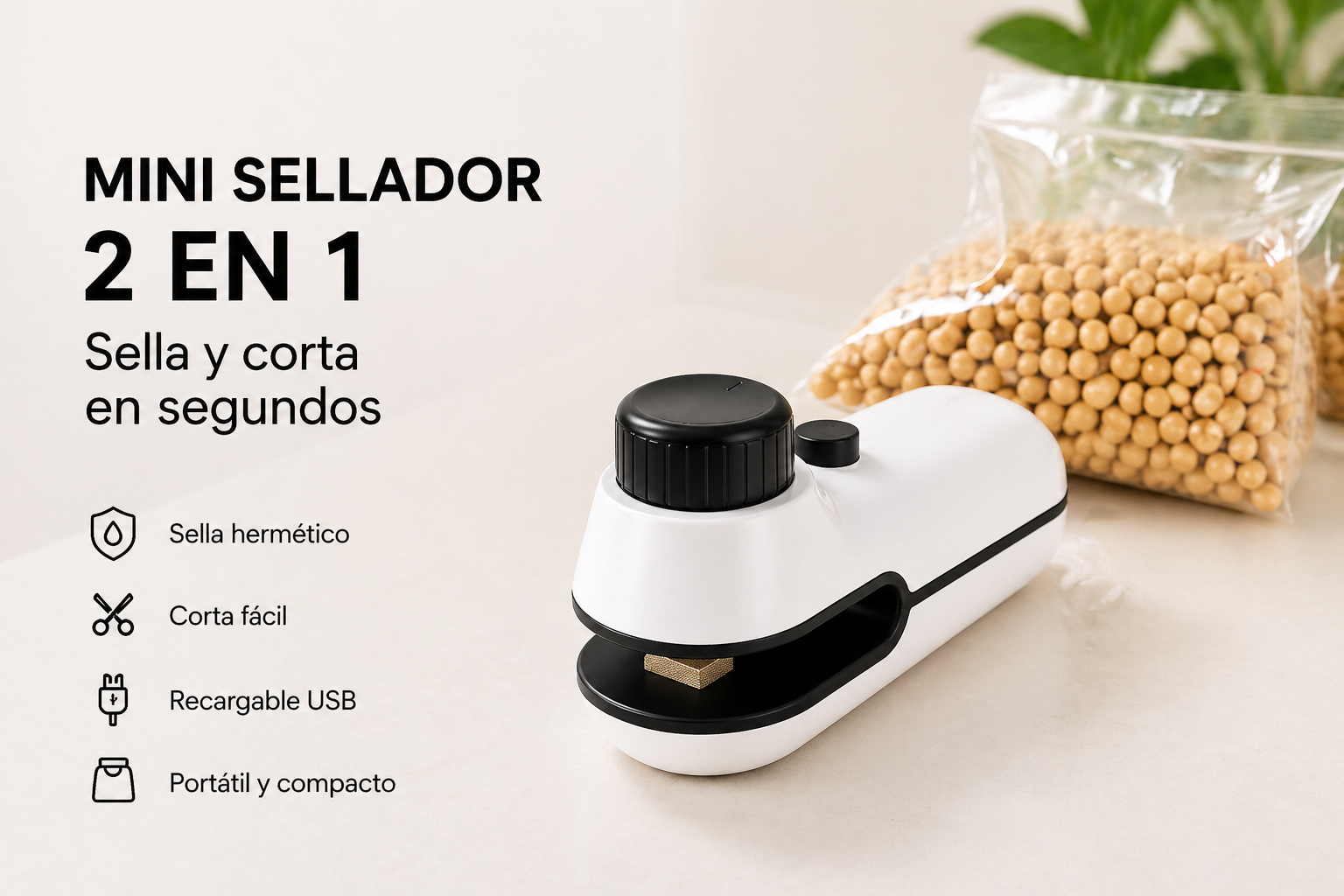 Mini Sellador de Bolsas 2 en 1 | Sella y Corta Fácil | Recargable USB